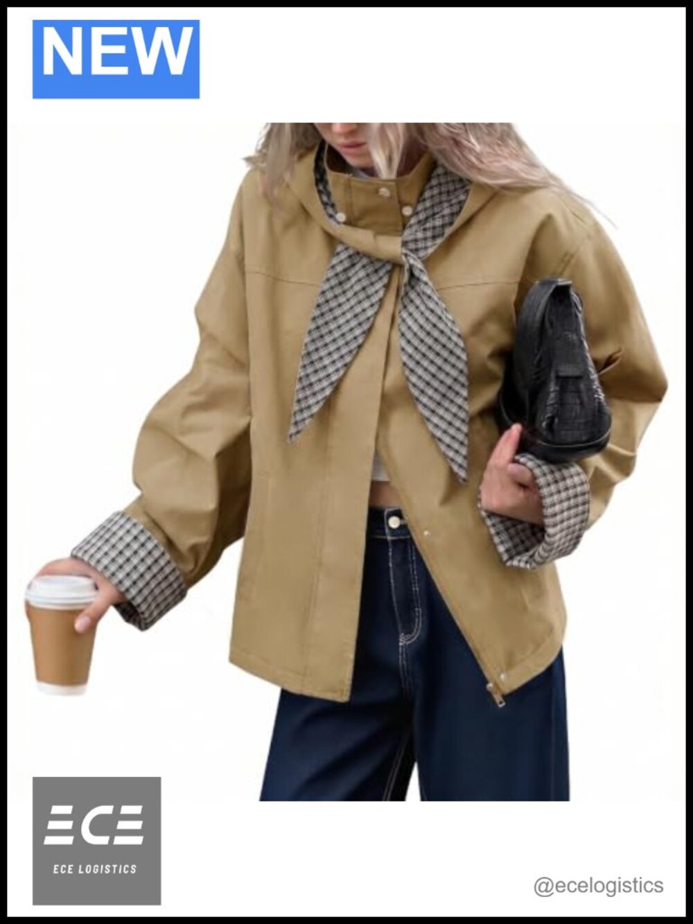 Cropped Trench Coat with Plaid Detachable Hood Lightweight Fall Jacket